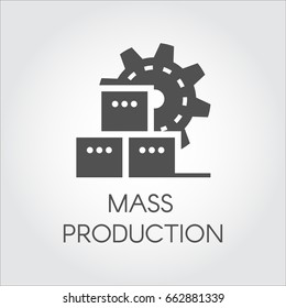 Black Icon In Flat Style Of Gear Wheel And Boxes. Mass Production And Modern Machinery Equipment Concept