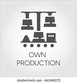 Black icon in flat style of own production concept. Pictograph graphic, button or infographic element for different design projects. Vector illustration