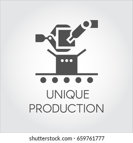 Black icon in flat style of robot arm and conveyor. Concept of unique production. Graphic button or infographic element for different design project. Vector illustration