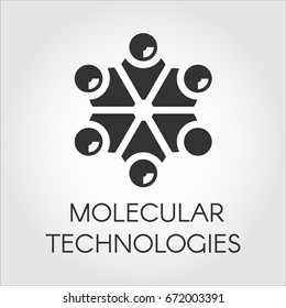 Black icon in flat style symbolizing molecular technology. Structure and connection of microparticles, future production concept. Vector label