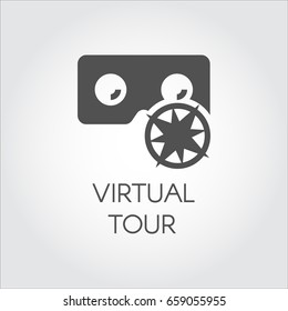 Black icon in flat style of virtual tour. Concept of virtual reality games, presentation, digital technologies. Vector illustration