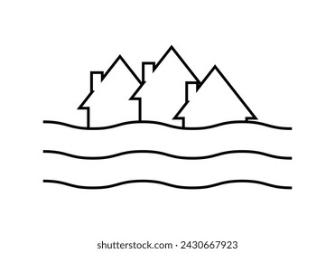 Black icon of flooding in a town.