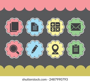 Black icon with flower shape color frame background.
Cute black vector icons for themes.
Icon copy, notes, calculator, messages, email, search, pen, write, locations, maps and list.
