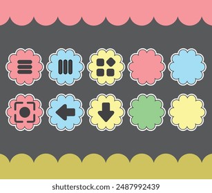 Black icon with flower shape color frame background.
Cute black vector icons for themes.
Icons navigation bar.
Icon recent, home, menu, screen capture, back, down, close keyboard, background folders.