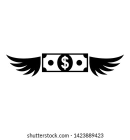 Black Icon Fly Dollar. Silhouette Money Flying With Wings. Metaphor Of Spending Money. Vector Illustration Flat Design. Isolated On White Background. Fast Away Banknote.
