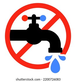 Black Icon Is Forbidden To Turn On The Water. Contaminated Tap Water. Flat Vector Illustration.