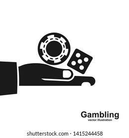 Black icon gambling concept. Silhouette game chips and game dice holding in hand. Vector illustration flat design. Isolated on white background.