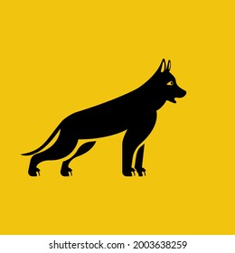 Black icon German Shepherd breed. Purebred dog. Domestic animal. Vector illustration flat design. Isolated on white background. Reliable friend and guard. 