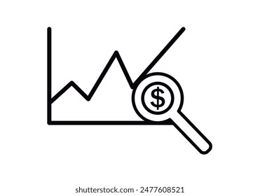 Black icon of growing graph with magnifying glass searching for dollars