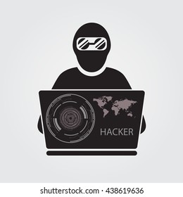 Black icon of hacker with big laptop.