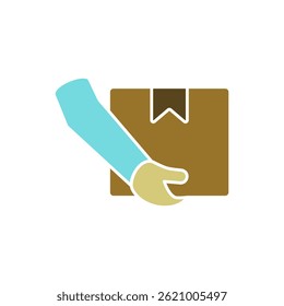 Schwarzes Symbol der Hand, die das Paket im flachen Stil hält. Home Delivery, schnelles und bequemes Service-Konzept-Logo für Websites, mobile Apps und andere Design-Anforderungen. Vektorgrafik