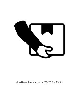 Black icon of hand holding parcel in flat style. Home delivery, fast and convenient service concept logo for websites, mobile apps and other design needs. Vector illustation