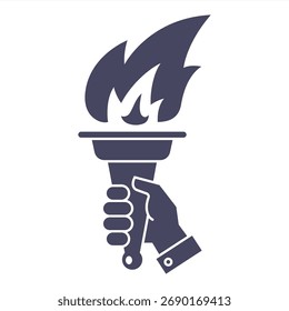 Ícone preto de uma mão segurando uma tocha com fogo. Ilustração plana.