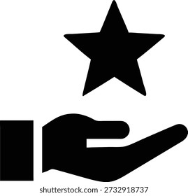 Icono negro de una mano abierta, que presenta un símbolo de estrella, que significa calificación, Comentarios, excelencia, calidad o un elemento 'favorito'.