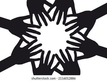 Black icon of hands joined in a circle on white background.