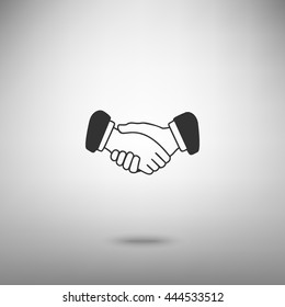 black icon handshake. background for business and finance. Dark gray icon with shadow on floor.