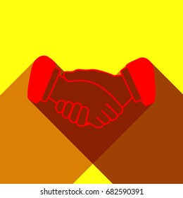 black icon handshake. background for business and finance. Vector. Red icon with two flat reddish shadows on yellow background.
