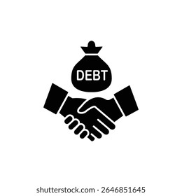 Black icon of a handshake with a debt bag above, symbolizing a financial deal or agreement.
