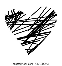Black icon heart. Valentine's day festive decorations. Love symbol, hand-drawn shape with torn edges. Vector flat illustration on white background for wedding, party, holiday, decor, web, print