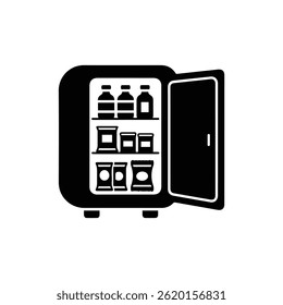 Black Icon of a Hotel Minibar Stocked with Snacks and Beverages