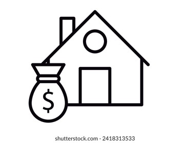 Black icon of a house with a sack of dollars representing the real estate market.