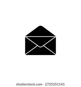 Icono negro ilustra la forma del sobre abierto en el diseño transparente. El diseño es simple, transmitiendo el concepto de mensaje con un diseño de Vector moderno.