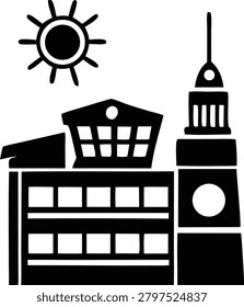 Black icon illustration featuring summer sun shining over modern city architecture and observation tower isolated on transparent background for urban travel branding.