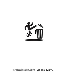 Black icon illustration of a person aggressively kicking a trash can, symbolizing action, rebellion, or waste disposal. Ideal for concepts related to chaos, protest, or cleaning up.