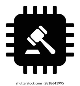 Black icon of a judge gavel placed inside a microprocessor chip symbolizing technology law, digital justice, cybercrime and electronic court rulings.