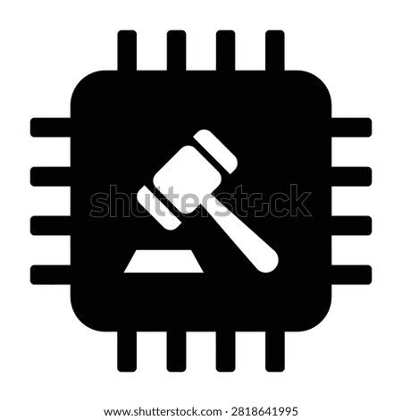 Black icon of a judge gavel placed inside a microprocessor chip symbolizing technology law, digital justice, cybercrime and electronic court rulings.