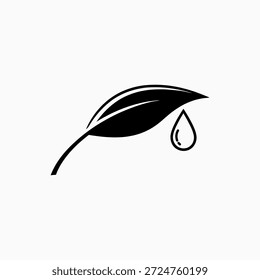 Ícone preto de uma folha com uma única gota. Simboliza extrato natural, óleo essencial, água ou essência orgânica de uma planta.