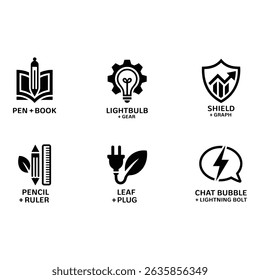 Black icon logos symbolize ideas, growth, safety, and natures energy. Designs are simple, effective, and set against a bright, white background, conveying clarity.