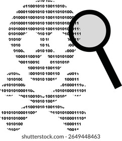 black icon magnifying glass and skull designed with binary code numbers system in the concept of analyzing and searching for computer viruses