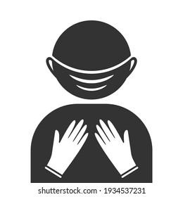 Black icon man with face mask and gloves. Self-protection icon. Icon of surgeon.  