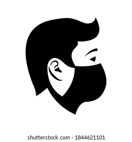 Black icon man in a medical mask. Face mask silhouette. Close up pictogram young man in protective respiratory mask. Vector illustration flat design. Isolated on background. 