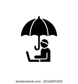 Black Icon of Man Working Under Umbrella with Laptop