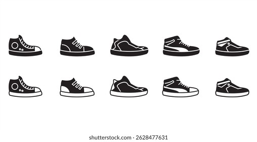Black icon of men's sneakers. Vector illustration icon of modern and classic men's high top shoes. Fashion icon on black and transparent background. Fashion icon.