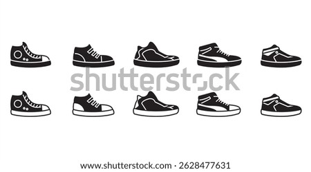 Black icon of men's sneakers. Vector illustration icon of modern and classic men's high top shoes. Fashion icon on black and transparent background. Fashion icon.
