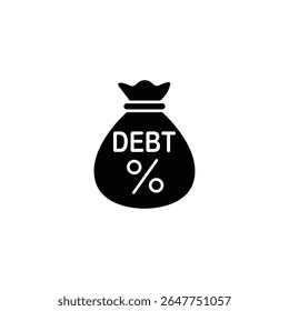 Black icon of a money bag with 'Debt' and a percentage symbol.