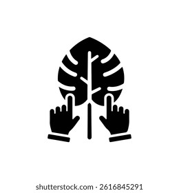 Black Icon of Monstera Leaf with Typing Hands, Flat Design