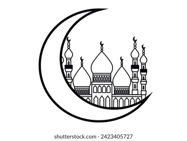 Black icon of mosque on a ramadan moon.