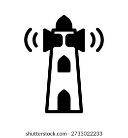 Black icon mosque tower azan. Minimalist islamic ramadan silhouette icon isolated background.