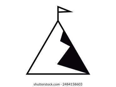 Black icon of mountain with goal flag to achieve achievements