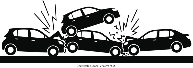 Black icon of a multi-vehicle car accident on a road, depicting a pile-up collision with damaged vehicles, isolated on white background.