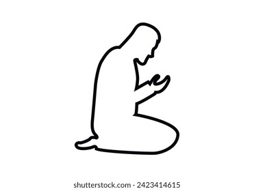 Black icon of Muslim praying on white background.