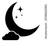 Black icon of the night moon with stars. Lunar cycle symbol. Full moon stage, crescent.

