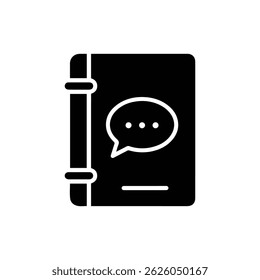 Black icon of notebook with speech icon symbolizing communication