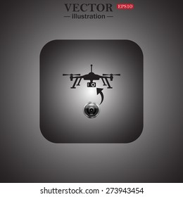 Black icon on a gray background. Gray square with rounded corners. Quadrocopter. icon. vector design