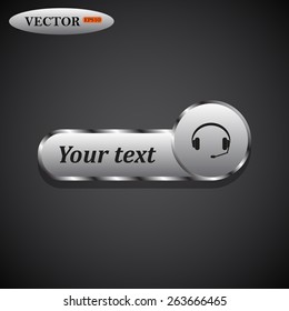 Black icon on metal buttons for websites. Dark background with shadow. Your text. Headphones. Musical accessory,   vector illustration, EPS 10