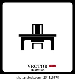 Black icon on white background. desk and chair, a table in the office.  Vector illustration EPS 10